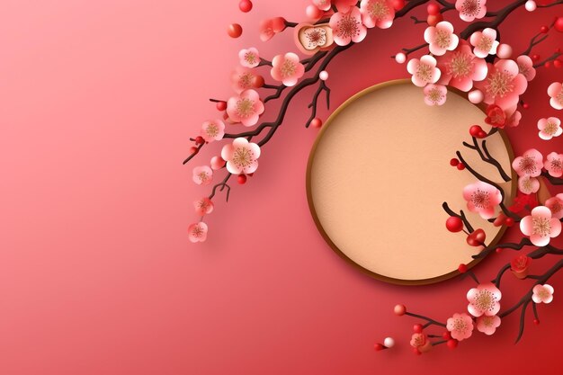 Foto sfondo del capodanno cinese con lanterne tradizionali fiori di sakura e copia dello spazio capodanno lunare