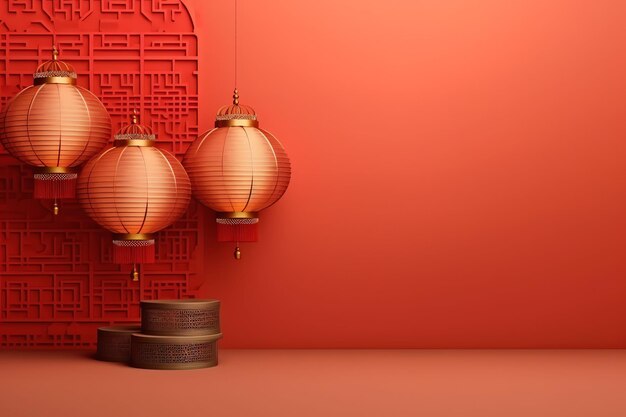 Chinese new year background with traditional lanterns sakura flowers and copy space lunar new year