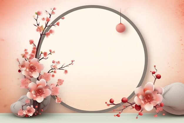 Chinese new year background with traditional lanterns sakura flowers and copy space lunar new year