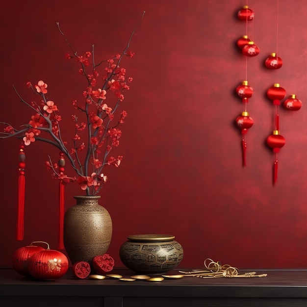 Chinese new year background with traditional lanterns sakura flowers and copy space lunar new year
