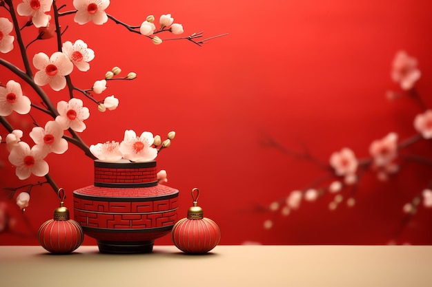전통적인 등불 사쿠라 꽃과 복사 공간 중국 새 해 배경 음력 새 해