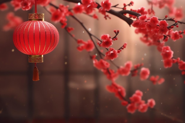 Chinese new year background with traditional lanterns sakura flowers and copy space Lunar new year