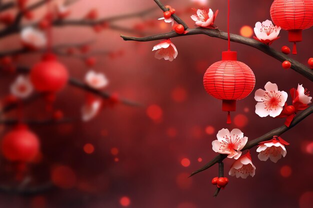 Chinese new year background with traditional lanterns sakura flowers and copy space Lunar new year