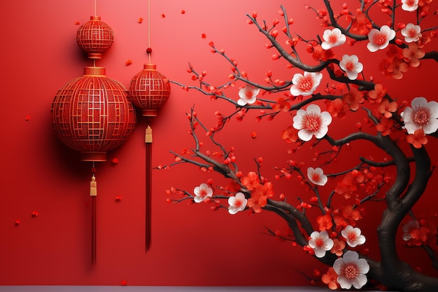 Chinese new year background with traditional lanterns sakura flowers and copy space Lunar new year