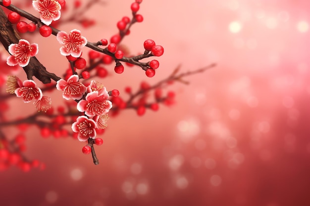 Chinese new year background with traditional lanterns sakura flowers and copy space Lunar new year