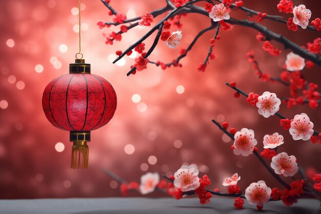 Chinese new year background with traditional lanterns sakura flowers and copy space Lunar new year