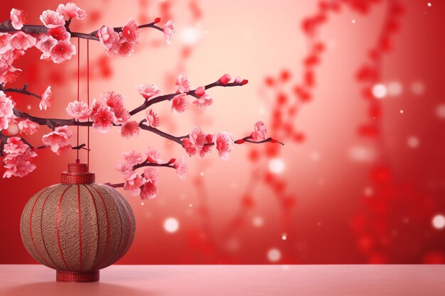 Chinese new year background with traditional lanterns sakura flowers and copy space Lunar new year