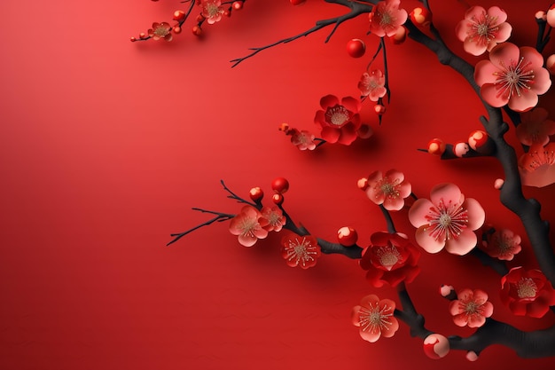 Chinese new year background with traditional lanterns sakura flowers and copy space Lunar new year