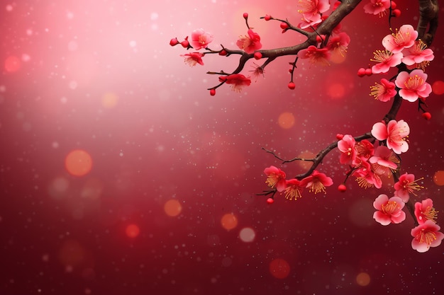 Chinese new year background with traditional lanterns sakura flowers and copy space Lunar new year