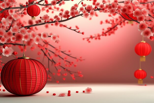 Chinese new year background with traditional lanterns sakura flowers and copy space Lunar new year