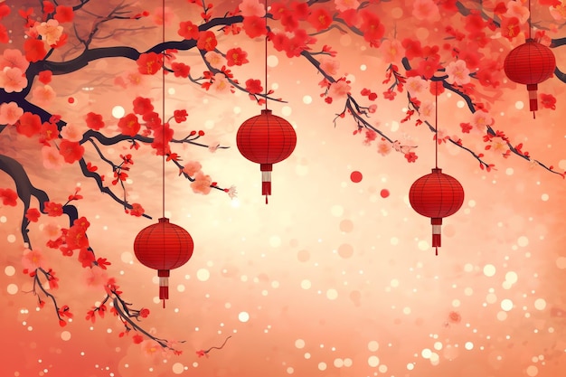 Chinese new year background with traditional lanterns sakura flowers and copy space Lunar new year