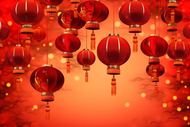 Chinese new year background with traditional lanterns sakura flowers and copy space Lunar new year