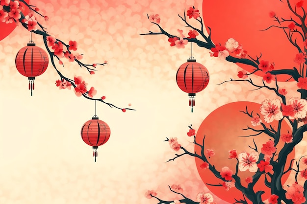 Chinese new year background with traditional lanterns sakura flowers and copy space Lunar new year