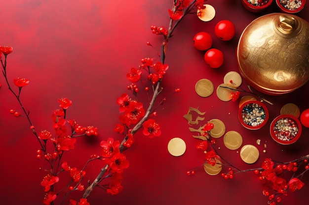 Chinese new year background with traditional lanterns sakura flowers and copy space Lunar new year