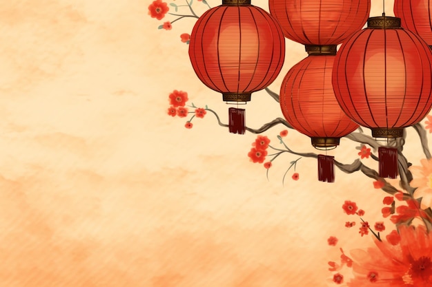 Photo chinese new year background with traditional lanterns sakura flowers and copy space lunar new year