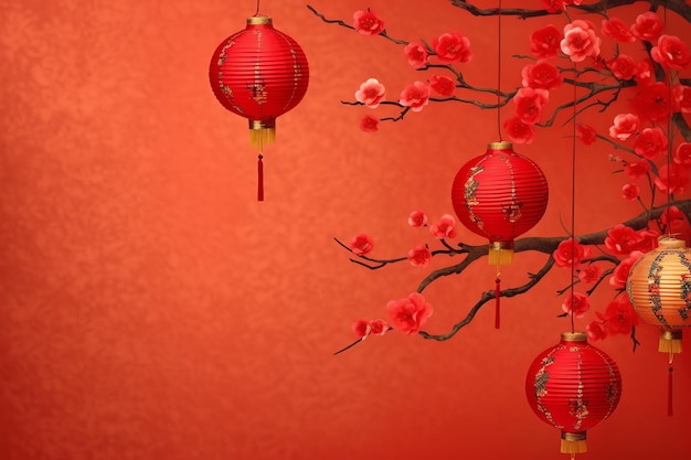 Chinese new year background with traditional lanterns sakura flowers and copy space Lunar new year