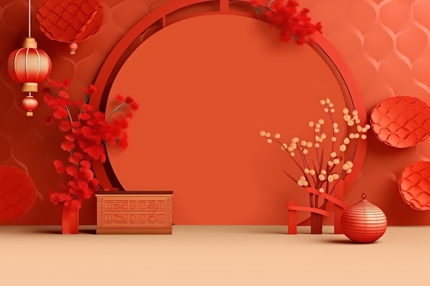 Chinese new year background with traditional lanterns sakura flowers and copy space Lunar new year