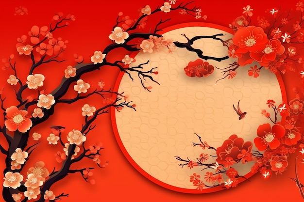 Chinese new year background with traditional lanterns sakura flowers and copy space Lunar new year