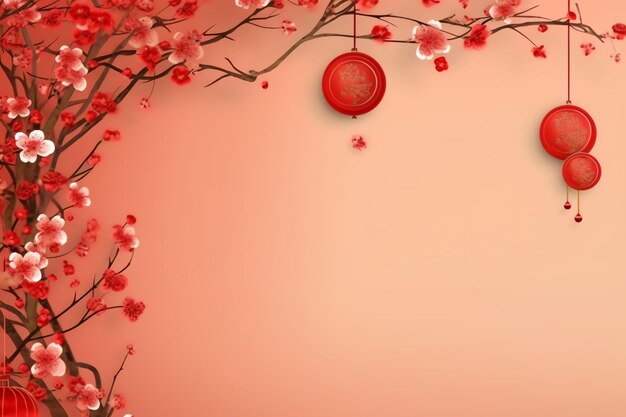 Chinese new year background with traditional lanterns sakura flowers and copy space Lunar new year