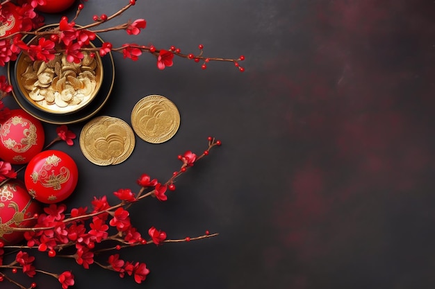 Chinese new year background with traditional lanterns sakura flowers and copy space Lunar new year