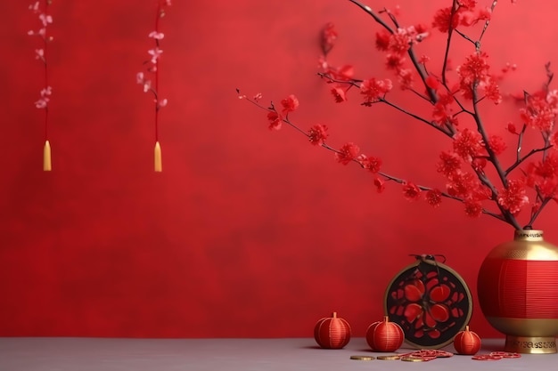 Chinese new year background with traditional lanterns sakura flowers and copy space lunar new year