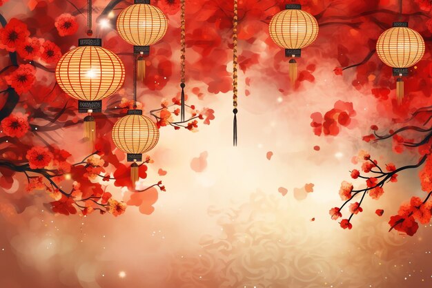 Chinese new year background with traditional lanterns sakura flowers and copy space Lunar new year