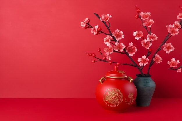 Chinese new year background with traditional lanterns sakura flowers and copy space Lunar new year