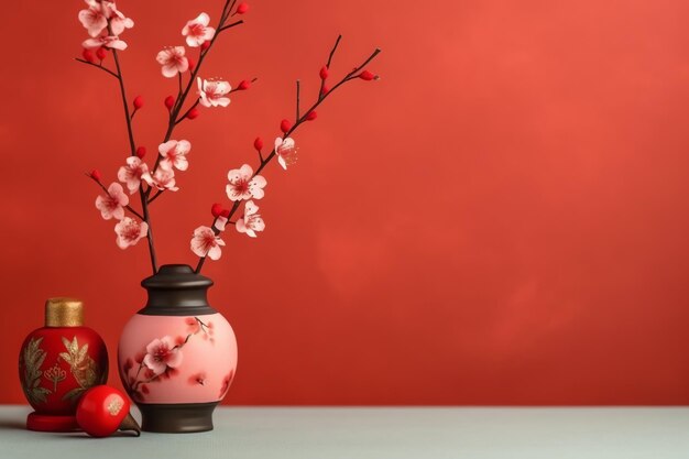 中国の旧正月の背景に伝統的な提灯桜の花、コピー スペース旧正月