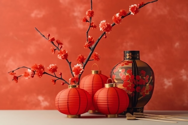 Chinese new year background with traditional lanterns sakura flowers and copy space Lunar new year