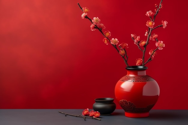 Chinese new year background with traditional lanterns sakura flowers and copy space Lunar new year