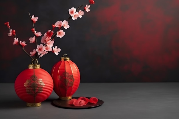 中国の旧正月の背景に伝統的な提灯桜の花、コピー スペース旧正月