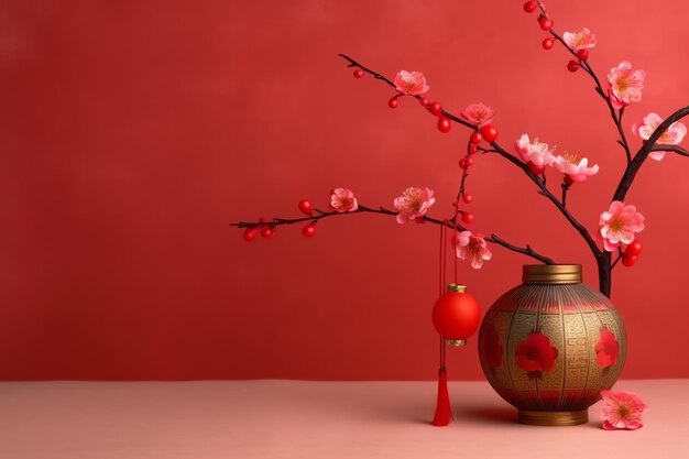 Chinese new year background with traditional lanterns sakura flowers and copy space Lunar new year