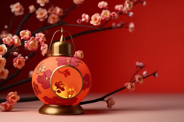 Foto sfondo del capodanno cinese con lanterne tradizionali fiori sakura e spazio per la copia capodanno lunare