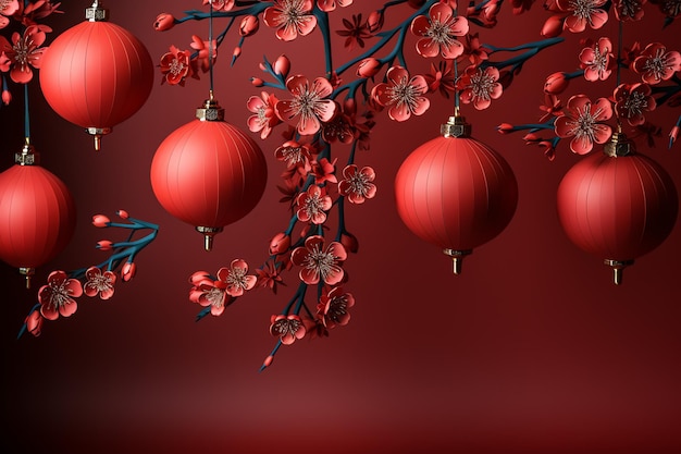 Chinese new year background with traditional lanterns sakura flowers and copy space Lunar new year