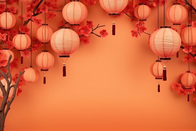 Chinese new year background with traditional lanterns sakura flowers and copy space Lunar new year