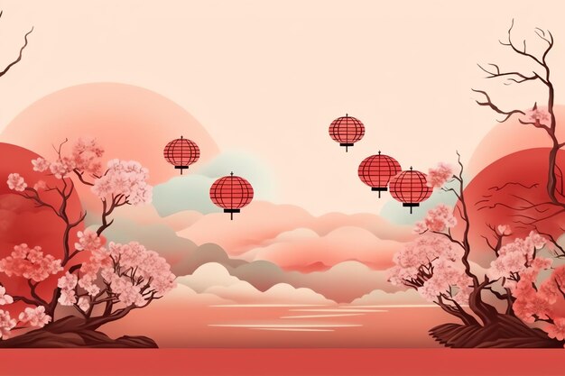 Chinese new year background with traditional lanterns sakura flowers and copy space Lunar new year