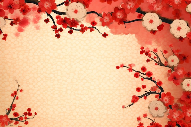 Chinese new year background with traditional lanterns sakura flowers and copy space Lunar new year