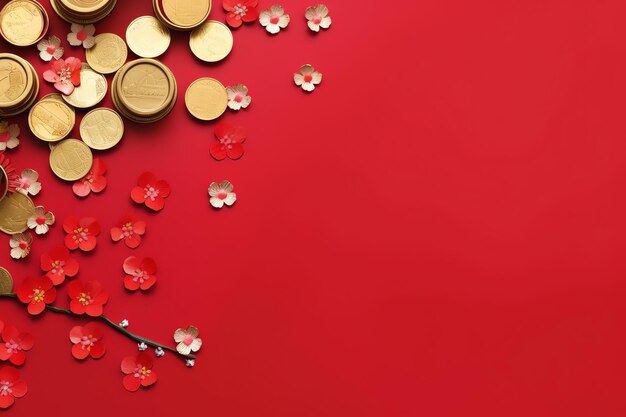 Chinese new year background with traditional lanterns sakura flowers and copy space Lunar new year