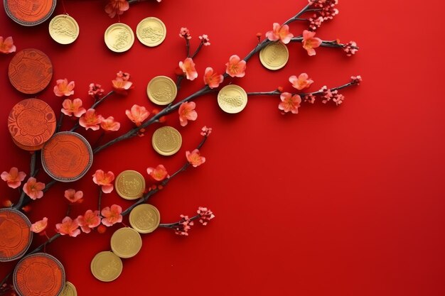 Chinese new year background with traditional lanterns sakura flowers and copy space Lunar new year