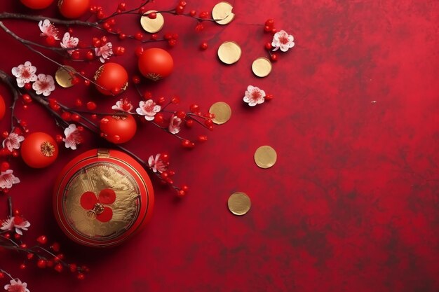 Chinese new year background with traditional lanterns sakura flowers and copy space Lunar new year