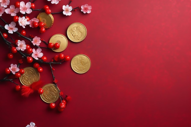 Chinese new year background with traditional lanterns sakura flowers and copy space Lunar new year