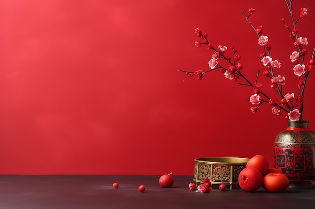 Chinese new year background with traditional lanterns sakura flowers and copy space Lunar new year