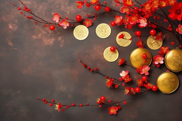 Photo chinese new year background with traditional lanterns sakura flowers and copy space lunar new year