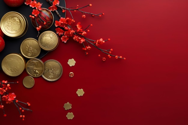 Chinese new year background with traditional lanterns sakura flowers and copy space Lunar new year