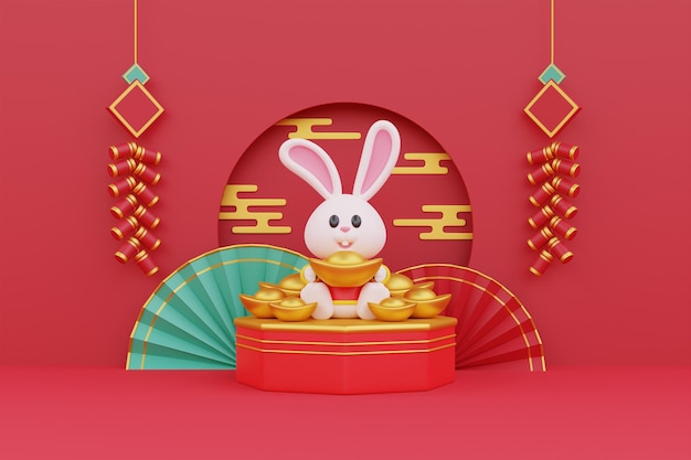 Chinese new year banner 3D cute rabbit holding gold with festive firecrackers hanging on red background Chinese Festivals Lunar CYN 2023 Year of the Rabbit 3d rendering