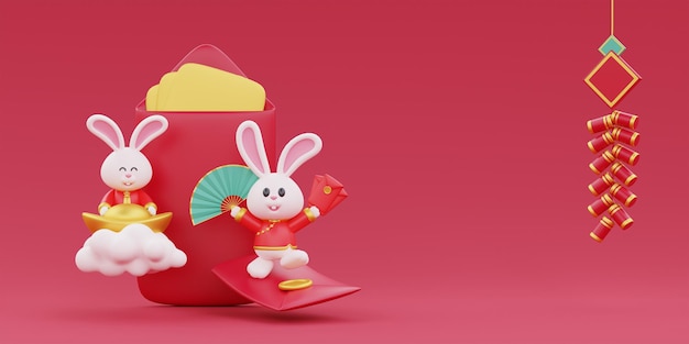 Photo chinese new year banner red envelope with cute rabbit holding gold and fan chinese festivals lunar cyn 2023 year of the rabbit 3d rendering