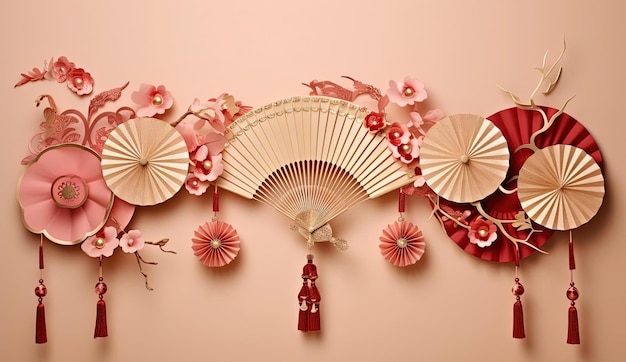 an chinese new year banner and red fans hang from string on a pink background