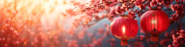 Chinese new year banner with cherry blossom and traditional lantern copy space