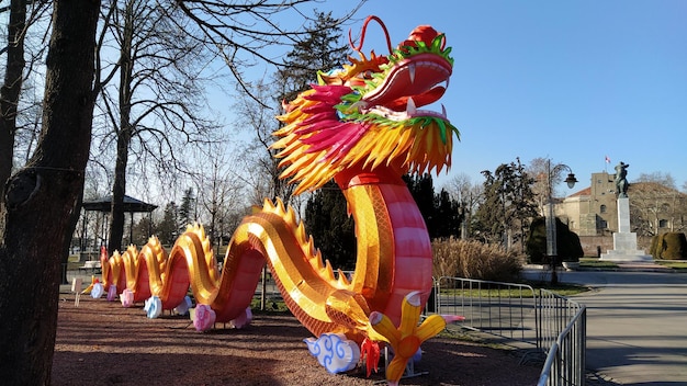 Chinese New Year. Bright red-orange dragon in the park. Traditional Chinese holiday decoration. The dragon's mouth is open. Long curly tail. Lunar-solar calendar. Spring Festival