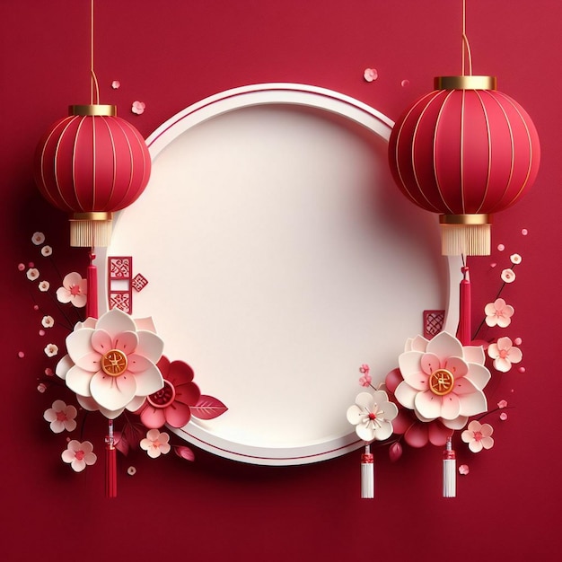 Chinese New Year Card with white circular frame with deep red background Beautiful Chinese card